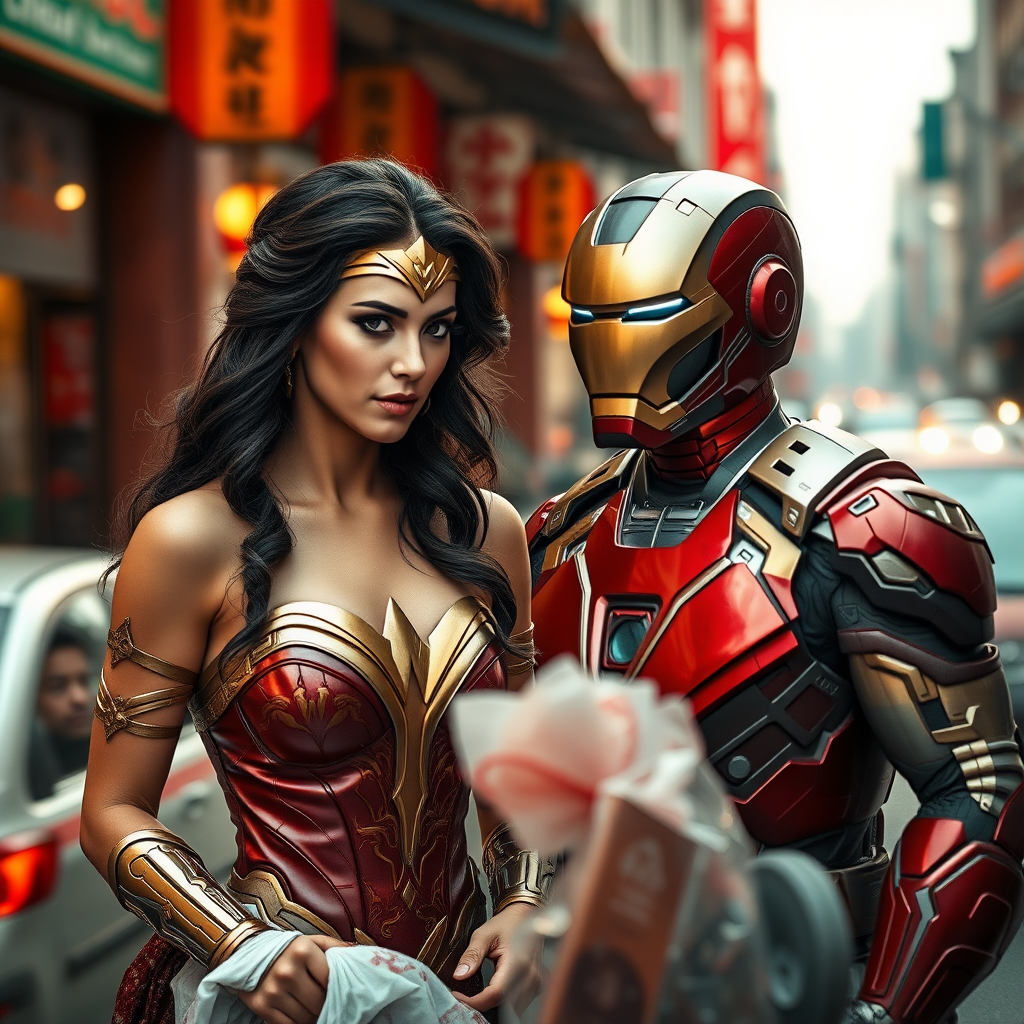 Wonder Woman in Hanfu and Sun Wukong in Iron Man gear are shopping. Cinematic Lighting, available light, The scene is set on street with cars passing by. Use soft lighting to highlight details and create depth, emphasizing motion blur for realism. Use a Sony A7 III camera with a macro lens to capture intricate textures of skin and . The overall mood should convey excitement and vibrancy, making it suitable as wallpaper or background.