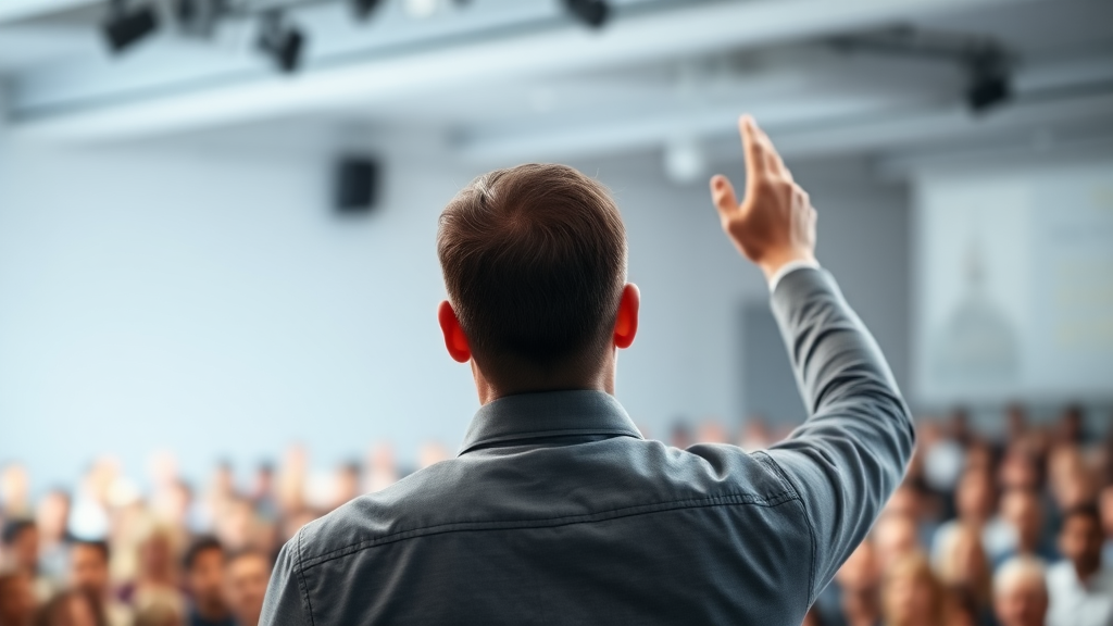 an image expressing leadership or influence, a man enthusiastically addressing an audience, his back to the camera, the audience blurred in front of him, a big crowd, stock photo, white lighting