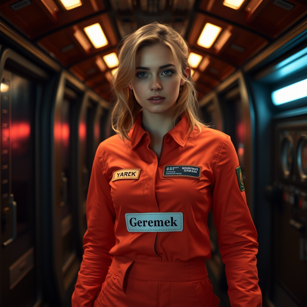 A twenty something female like Ana de Armas, athletic, medium length wild strawberry blond hair, in a jumpsuit standing in a dimly lit hallway of a spaceship with a name tag sewn on the front that says "Geremek"