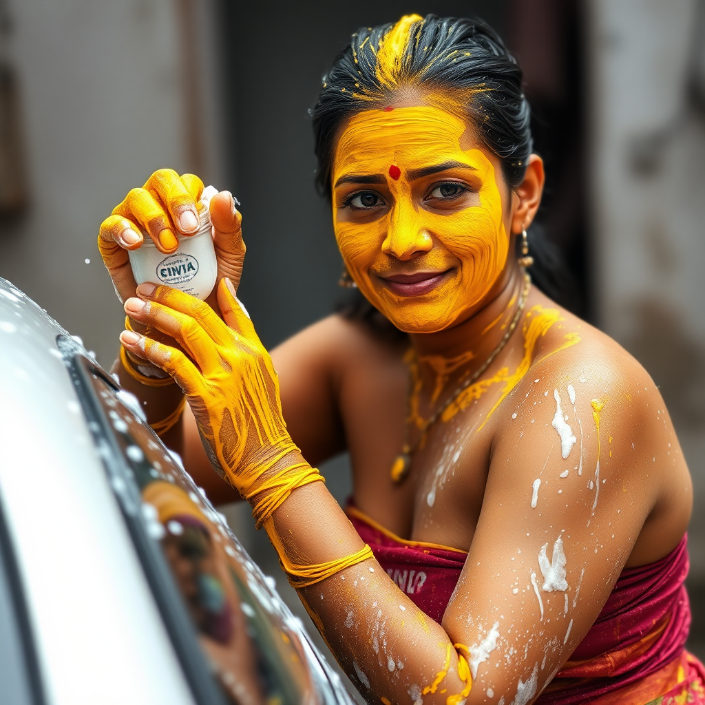 slim, curvy, traditional 30 year old indian maid with hair covering, her face is covered with turmeric mask and body is covered with soap lather. she is washing a car