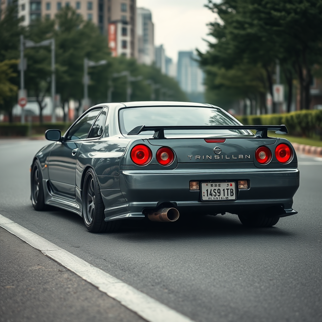 The car is parked on the side of the road, inspired by Taiyō Matsumoto, tumblr, restomod, nd4, c4 metallic shine gray black nissan skyline r34 kalabalik tokyo gece arkaplan