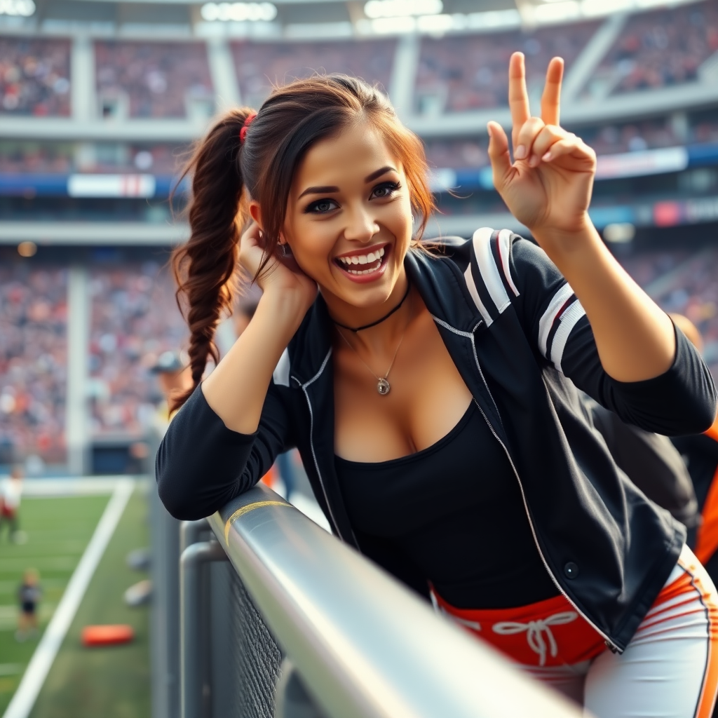 Extremely attractive female NFL fan with a large chest and pigtail hair, cheering while leaning forward over stadium barriers, at NFL stadium