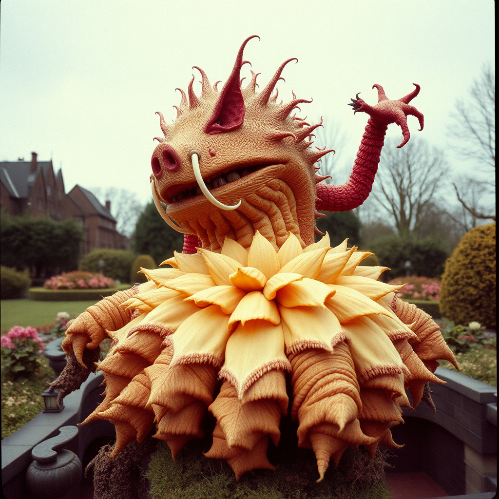 highly detailed Kodachrome color real British surrealist photograph from 1971 of Botanical creature stirs! Seeking revenge  
Royal beast did not forget  
He came home to London  
And made a present of the Hogweed  
To the Royal Gardens at Kew