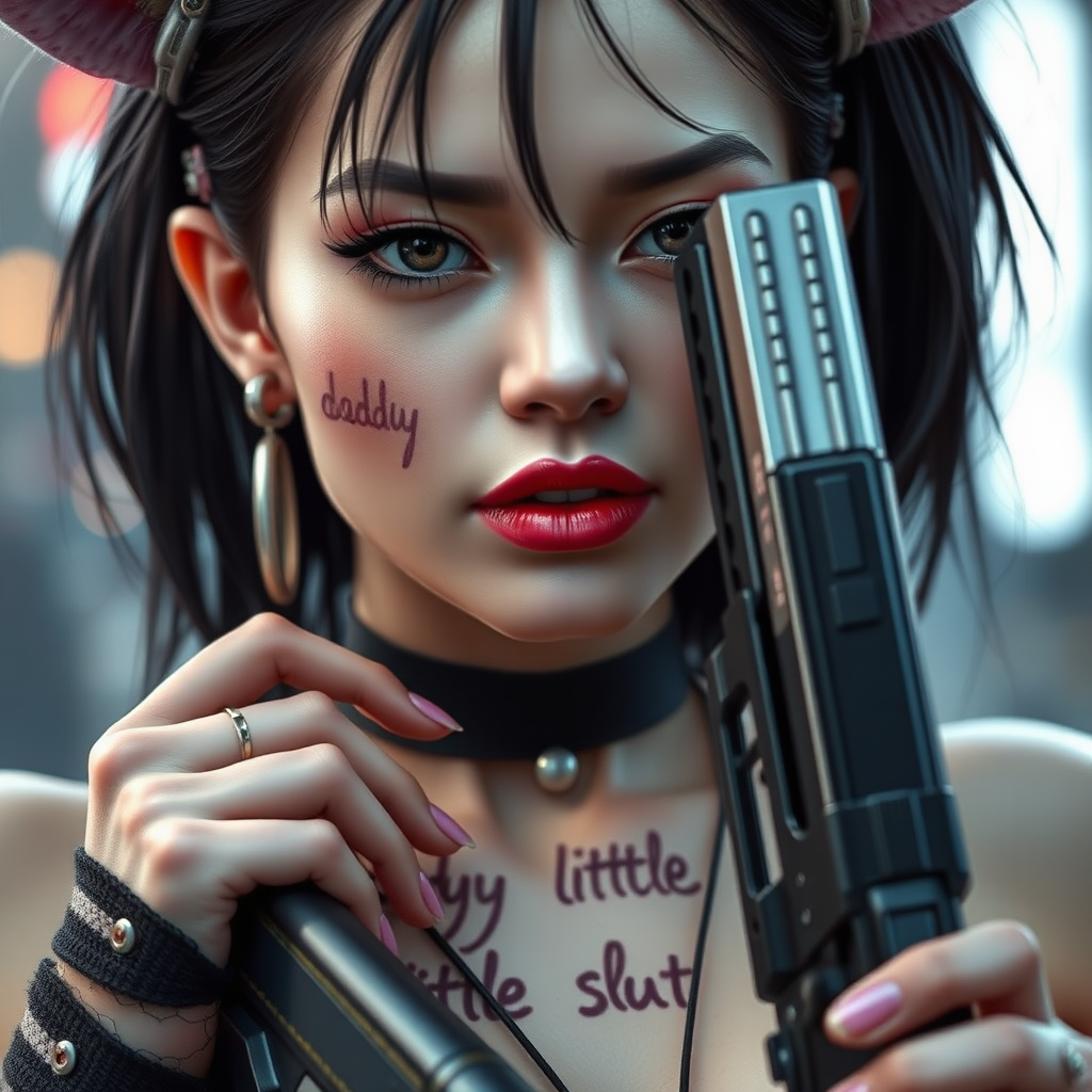 Real life photo of a cyberpunk waifu, she has “daddy’s little slut” written on her skin with lipstick. She is holding a big gun, she has fox ears, tiny metal nipple covers.