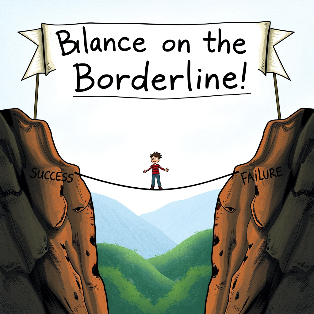 An imaginative scene depicting a character standing on a tightrope stretched between two cliffs, looking uncertain, with one side labeled "Success" and the other "Failure," and a whimsical banner overhead reading, "Balance on the Borderline!"