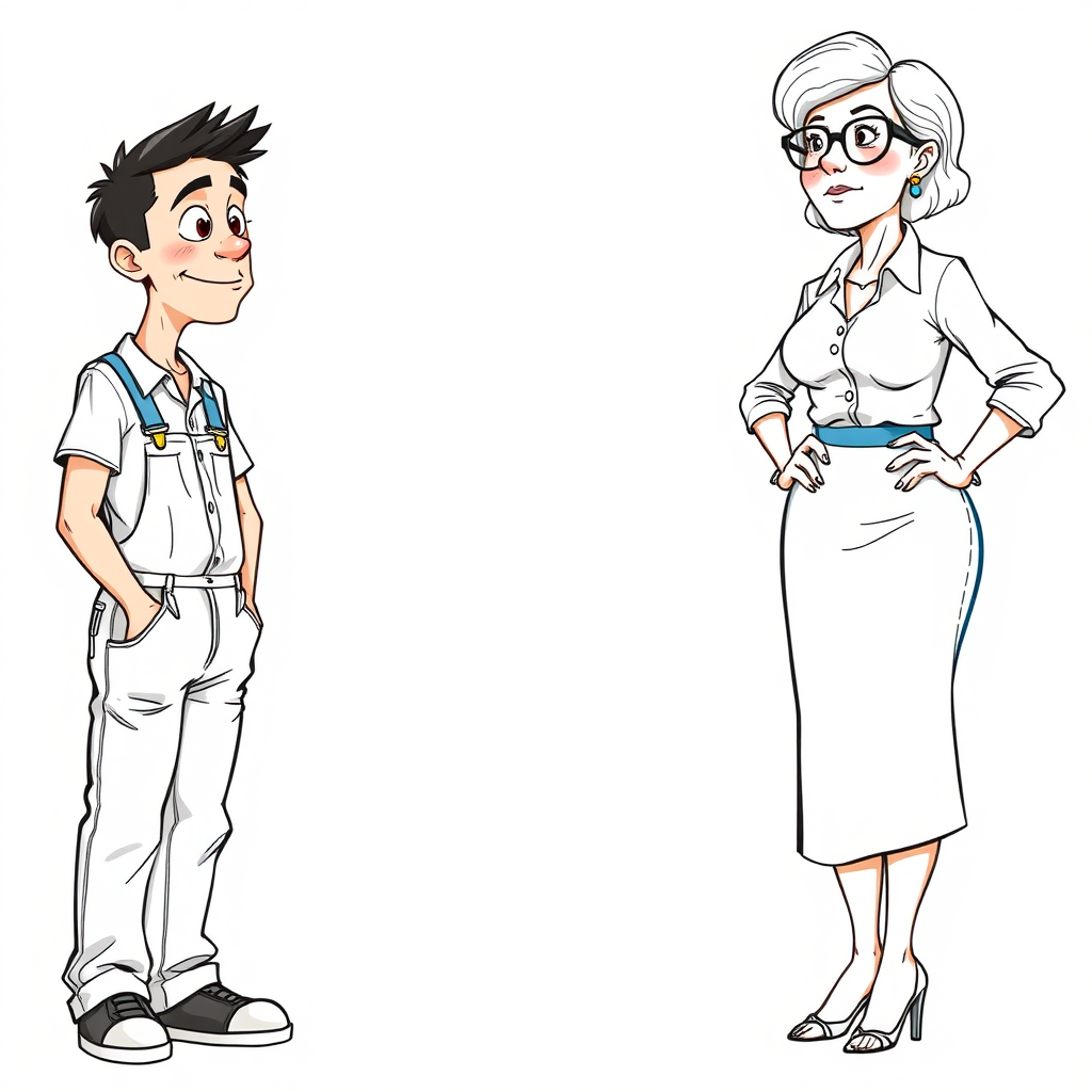 20 year old european skinny boy wearing work coveralls is blushing excited while listening to a towering 55 Years old, European, Latina, sharp aquiline nose, wrinkles, high cheekbones, Middle Eastern, Skinny, Tanned skin, Dark light skin, Rounded Medium breasts, Skinny thighs, full Makeup, jewelry, Serious face, Sharp nose, blushing, Ash hair, short bowl haircut, Brown eye color, Glasses, with detailed features. Hands on hips; She is watching the boy, she is wearing a white shirt and a blue skirt, detailed fabric. full body, high heels sandals, long establishing shot, 2D, caricature, cartoon, Sketch lines, coloring book, nlack and white, coloring book style on white background, well composed, clean coloring book page, No dither, no gradient, strong outline, No fill, No solids, vector illustration