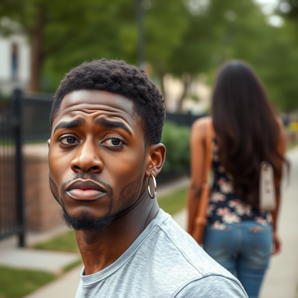 Picture of a 25 year old African American man who's crying while a beautiful 25 year old African American woman walks away from him. You see the woman's backside walking away from the man as he faces the camera.