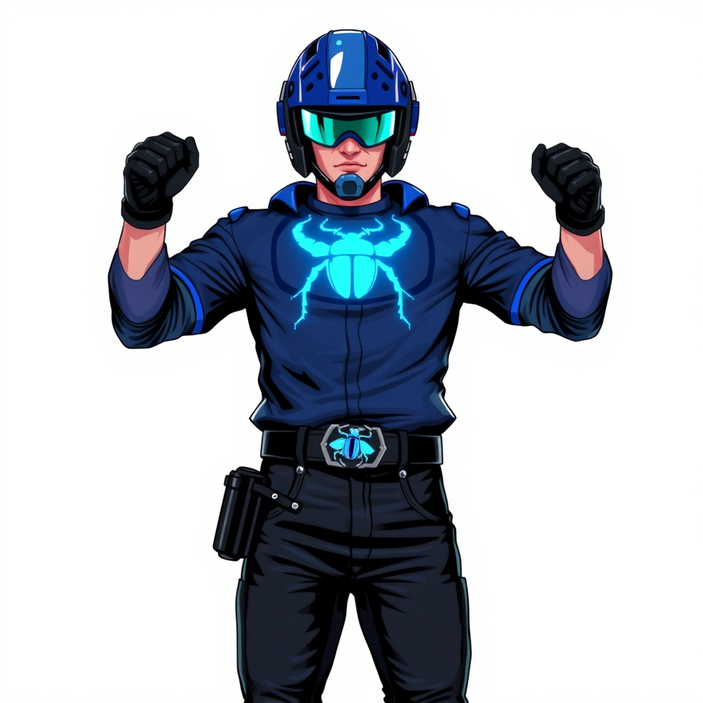 A 28-year-old cyberpunk vigilante stands heroically, clad in a high-tech, maximum blue biker shirt featuring a neon blue glowing beetle on the chest. They wear black biker pants, a black belt with a sapphire beetle buckle, and a maximum blue helmet with maximum turquoise lenses. Their hands are protected by black metal gloves, all set against a solid white background. He is drawn as if he was in a retro 2D cyberpunk fighting game.