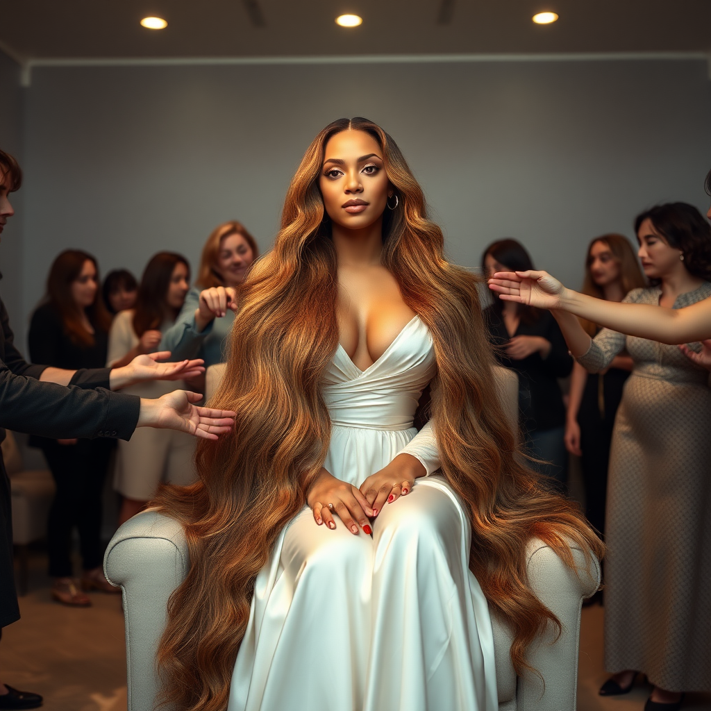 In an elegant, sunlit salon, adorned with soft, minimalistic decor, the stunning Beyoncé sits gracefully in a plush chair, her incredibly long, luxurious hair cascading like a flowing waterfall of silk down her shoulders and past her waist. The gentle glow of overhead lights highlights the rich, deep hues of her hair, each strand reflecting the brilliance of the space around her.

As an interactive long hair fetish performance art exhibit unfolds, curious visitors gather around, their eyes alight with fascination and excitement. Some eagerly reach out, gently grasping her hair between their fingers, feeling the smooth texture slip through their hands, while others playfully tug at it, testing the boundaries of their interactions. Each movement is accompanied by a symphony of soft gasps and murmurs of appreciation, enhancing the atmosphere of intimacy and connection.

The background is a simple, unobtrusive gray, allowing the artistry of the moment to take center stage. The air is charged with a sense of wonder and exploration, as visitors not only admire Beyoncé's hair but also engage in this tactile experience, deepening their understanding of the artistry behind her presence. Her expression is a mixture of serenity and playful engagement, reflecting her comfort and trust in this unique performance, ultimately creating a captivating scene where art and audience intertwine seamlessly.