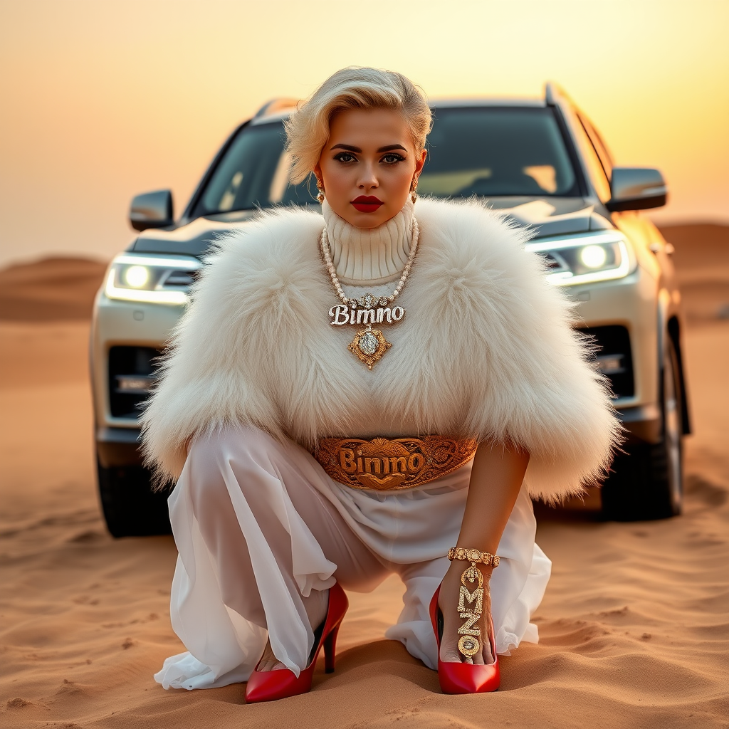 Kuwait desert dunes misty dawn, full size luxury SUV: Melissa, European 17 years old very convincing femboy “trophy-bimbo”, tamed servile docile, very beautiful feminine flawless face, rather short, by hormones very curvaceous womanly figured, platinum blond short tight curls, bold red lips, long white French nails, heavily made-up face, wearing Supertanya-style fluffy very fuzzy bright white angora turtleneck-poncho cropped ending under bust decorated with pearls and glass stones, striking oriental wide gold bridal protection belt, white fully transparent harem pants, bright red pumps with golden very high heels, full Oriental bridal jewelry including headpiece, nose-ring, coin wristlets, coin anklets, striking diamond “Bimbo” letter brooch on left chest, thick heavy pearl wristlets, pearl anklets, pout frustrated, kneeling in sand in front of SUV, looking at camera. Focus on face and turtleneck-poncho.