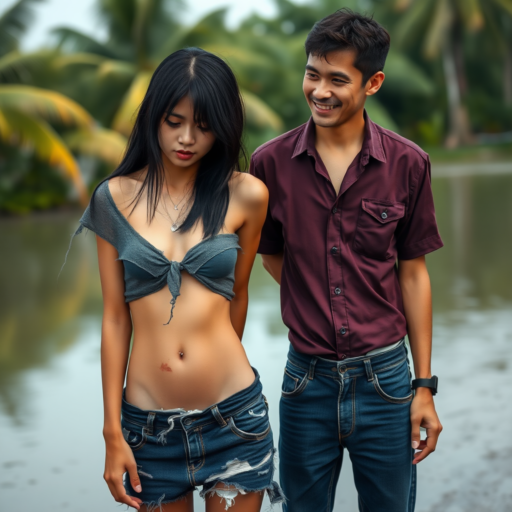 A young loving, but unkempt, neglected, homeless, and slightly undernourished Asian woman, with smooth, deep black hair, looks as if she came from another world and is depicted as a complete person with maximum allowed nudity. She is to be shown mostly without clothing because she is slender and has an athletic body. The Asian woman has a very beautiful, normal, youthful, yet feminine physique. Her slim figure is enviable! Her sad, hopeless, and mystical expression is intended to dominate the image. Her skin is healthy but unclean, as she has not been able to wash for days. The fear of her possible unpleasant odor intensifies her sense of shame! The Asian woman wears a torn, old, completely transparent, extremely short, and crop-top shirt and a completely torn, shredded, thin pair of shorts. A clear sense of shame is visible on her face. No smile is discernible. She is exceedingly ashamed. She is to be depicted with a small, flat belly button! The belly is always completely visible. She has a noticeable wound on her face and looks as if she is about to cry. She appears miserable, sad, and utterly hopeless! It seems as though she is afraid of something! She cries in the end. Next to her stands a 60-year-old German man. The German man looks as if he is 45 and is a well-groomed man. He looks at the Asian woman as if he is offering her his help. The German man is shaved and slender, has a normal fashionable haircut, and his hair is dark brown. He is wearing a new nice but simple burgundy shirt with a subtle pattern and new dark blue jeans. The German man looks sympathetic, smiles slightly, and looks at the Asian woman kindly, as if he feels great pity. The Asian woman, out of embarrassment, cannot meet the German man's eyes, but one can assume that she likes him. The weather is hot and tropical.