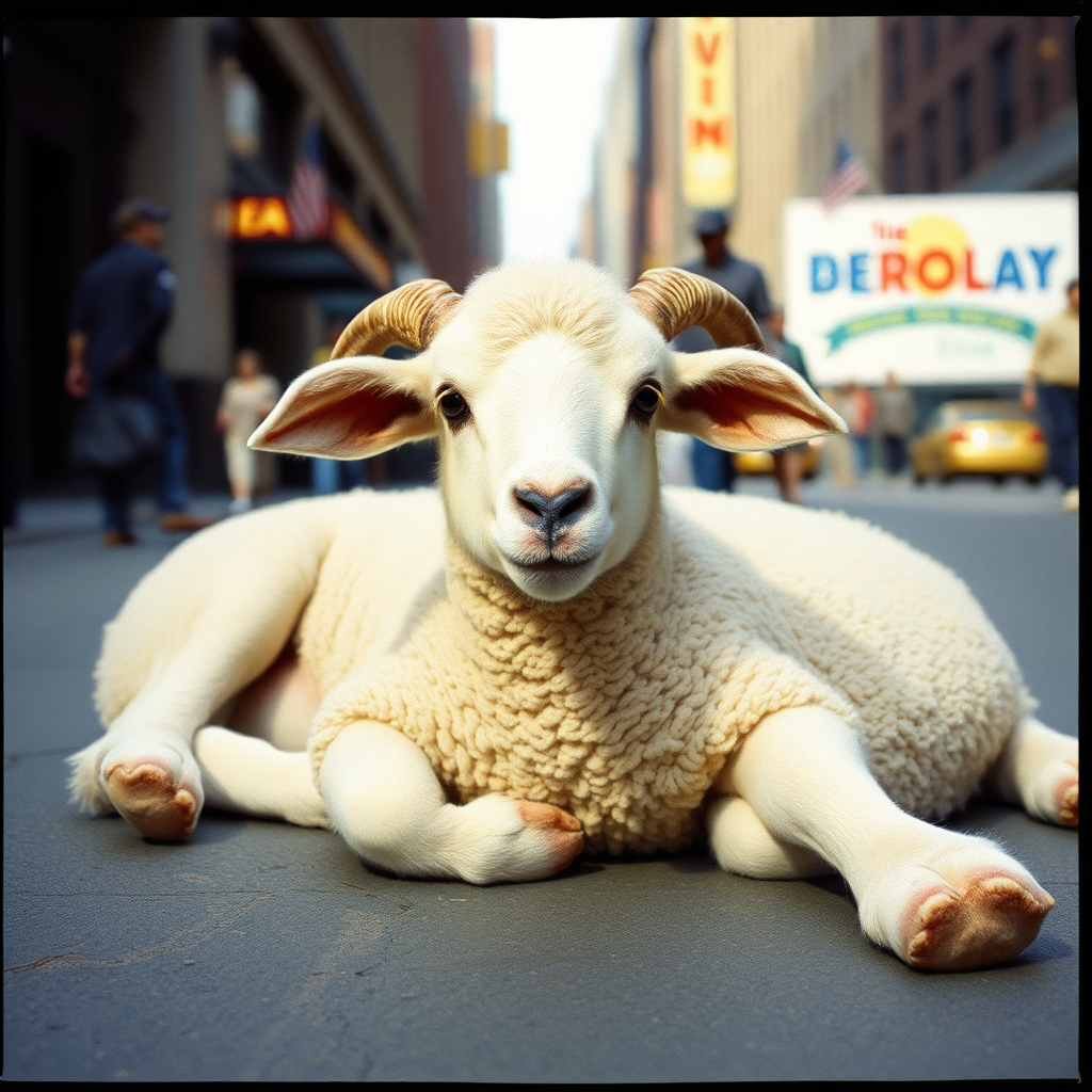 highly detailed Kodachrome color real photograph from 1974 of And the lamb lies down on Broadway The lamb seems right out of place  
The Broadway street scene finds a focus in its face  
Somehow it's lying there  
Brings a stillness to the air  