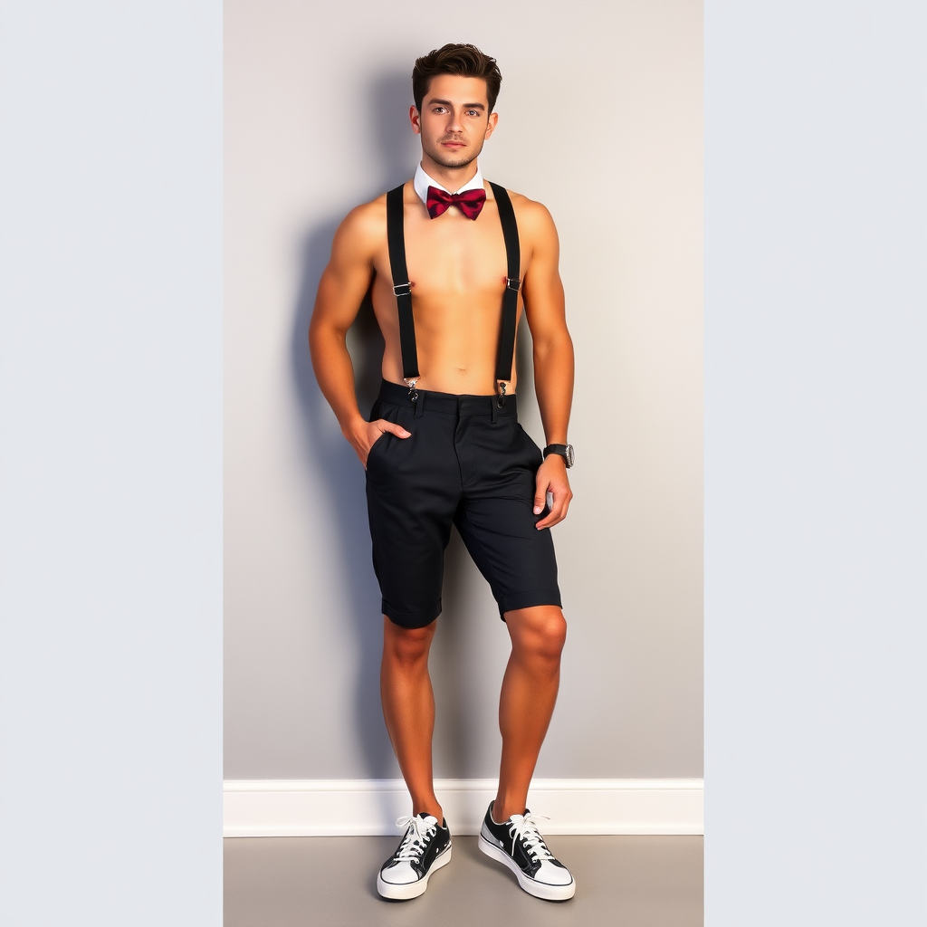 Attractive guy wearing hotpants with suspenders, bow tie and sneakers