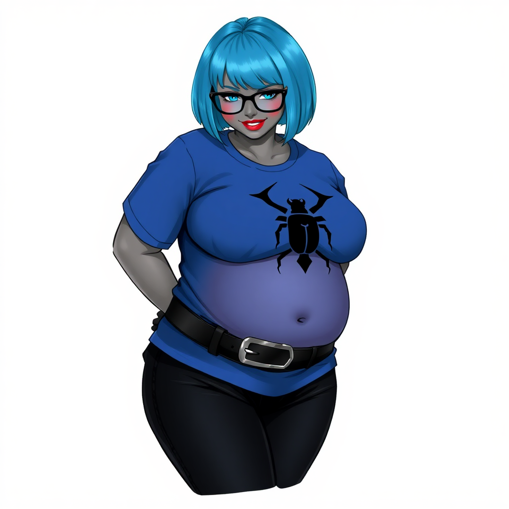 A 28-year-old, full-figured, metallic middle gray skinned computer program hybrid with a short maximum blue bob cut. She has a non-athletic build, highlighted by a prominent, round midsection (with a focus on her round belly). As a digital sidekick to her cyberpunk vigilante boyfriend, her middle gray metallic skin and maximum blue lipstick emphasize her digital nature. She wears a large, tight-fitting, maximum blue t-shirt (accentuating her belly) with a black chest icon of a beetle on its chest, black pants, a black belt with a sapphire scarab buckle, and black gloves. Her bright blue eyes, black eyeglasses, and shy smile with neon red blush accentuate her nerdiness. She bashfully bows her head with her hands behind her back, her t-shirt covers her midsection (especially her belly) and emphasizing her full-figured, non-athletic physique. She is on a solid white background. She is drawn as if she was in a retro 2D cyberpunk fighting game. She is clearly non-athletic, with a focus on her full figure. Make sure her t-shirt covers all of her bare skin (especially her belly).