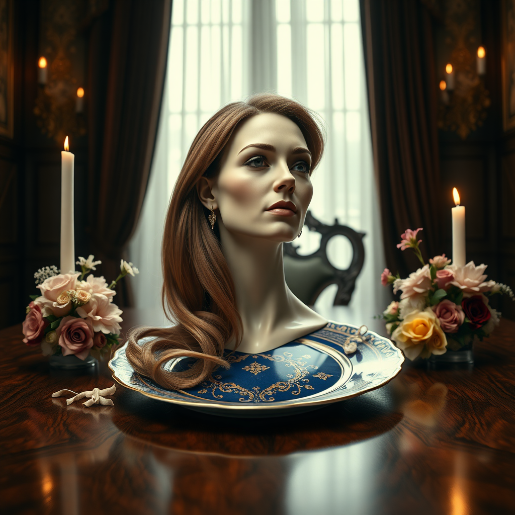 In a bizarre and captivating tableau, a surreal image unfolds: the elegantly poised, disembodied head of Kate Middleton, her features exquisitely refined, rests regally on an ornate porcelain plate. Her long, flowing hair cascades gracefully around the edges of the plate, reminiscent of golden silk streaming through the air. The striking contrast of her porcelain skin against the deep, rich hues of the plate—a royal blue adorned with intricate gold patterns—creates an unsettling yet alluring visual. 

The background is an opulent dining room, lavishly decorated with rich, velvet curtains that pool onto the polished mahogany floor. Soft candlelight flickers, casting dancing shadows that add an eerie charm to the scene. Delicate floral arrangements, bursting with vibrant colors, flank the plate, their sweet fragrance mingling with the subtle scent of polished wood and melting wax.

Beneath the eerie elegance, a haunting silence pervades the atmosphere, broken only by the soft clinking of fine china in the undisturbed room. There’s an unsettling juxtaposition between the beauty of her serene expression and the macabre idea of her being severed from her body, creating a palpable tension that captivates and unnerves the viewer. The entire composition invites the onlooker to ponder the surreal nature of beauty, identity, and the boundaries of perception, all encapsulated in this strikingly fantastical image.