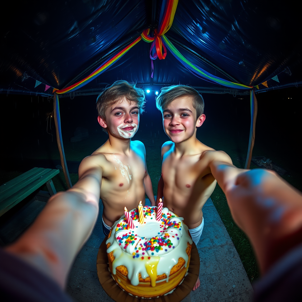 rainbow birthday party!, aerial selfie, selfie stick, night vision, friendly barefoot tween boy shirtless with adorable hair and freckles kissing his brother, they are sticky with smashed birthday cake and icing like runny white mucous, shirtless and in tiny little fitted trunks, alone celebrating in a dark rainy picnic shelter at midnight, winking at the camera, rainbow decorations