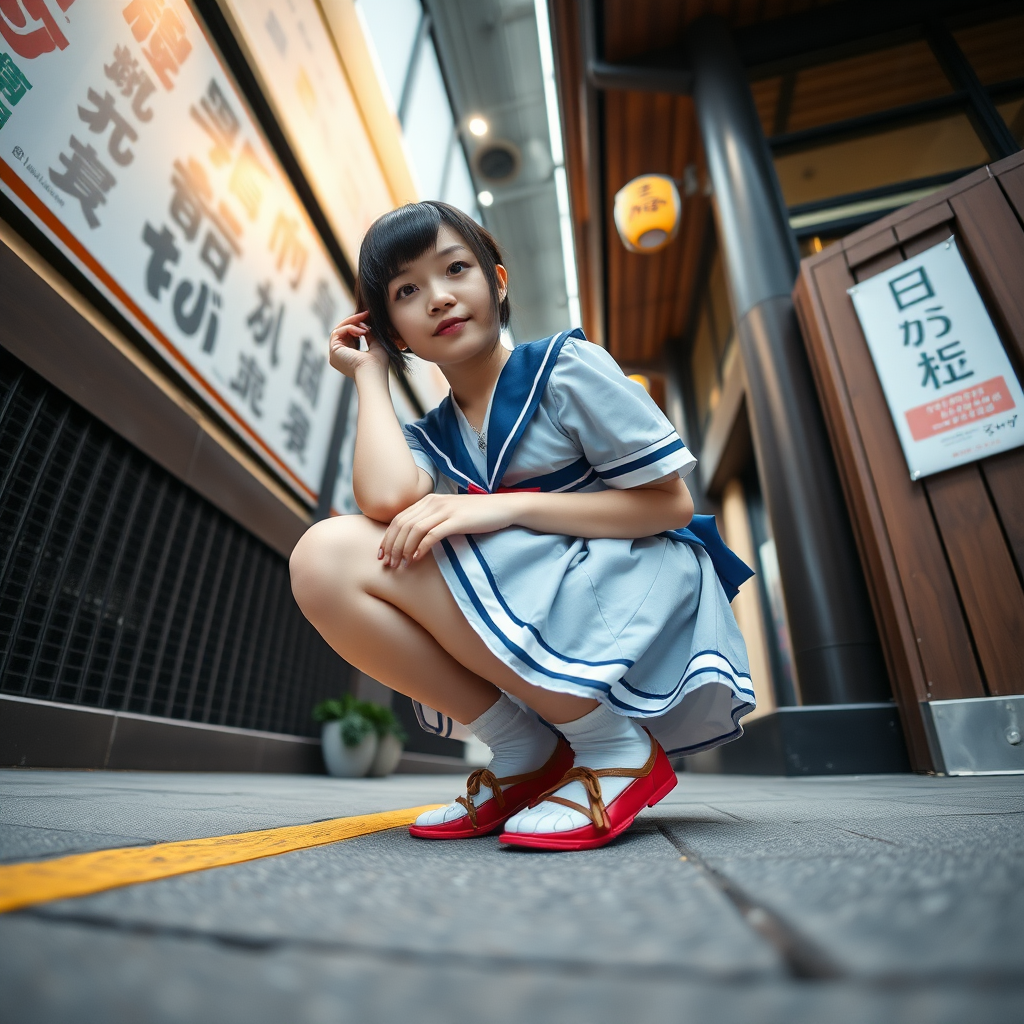 photo low angle POV full body view Japanese woman squatting wearing seifuku uniform looking down at viewer