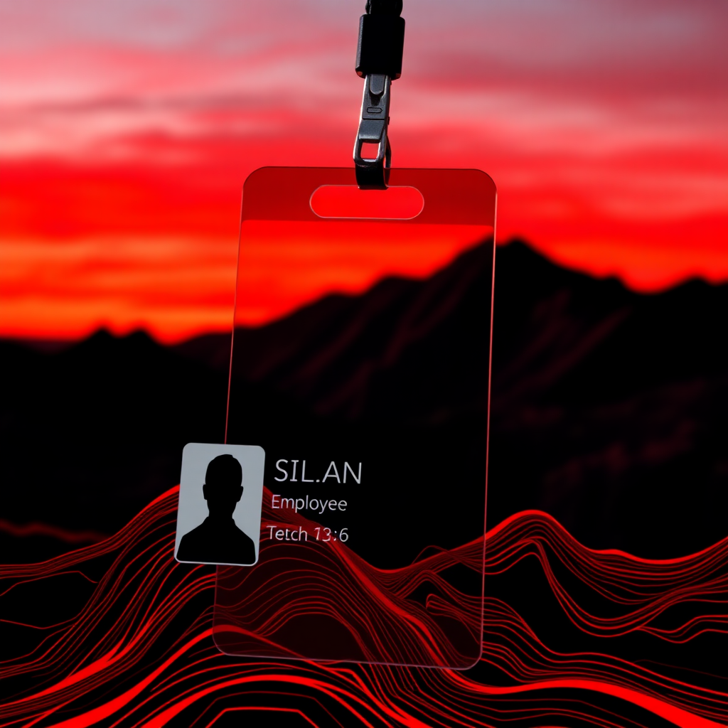 employee id card for tech company, professional themed, silicon valley esqe, red and black dominant color