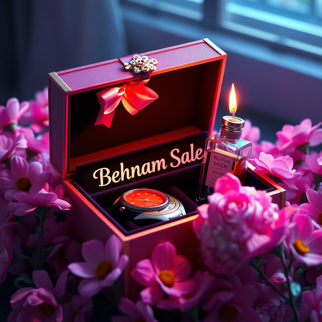 ### **Title:**
**"Behnam Saleh's Exquisite Birthday Gift"**

### **Artistic Vision:**
Create a mesmerizing digital art masterpiece that seamlessly blends hyper-realistic detail with a vibrant, cinematic atmosphere. The artwork should evoke a lasting emotional impact, inviting viewers to explore themes such as the delicate balance between luxury and personalization, and the joy of gifting. This piece aims to captivate audiences with its elegance, sophistication, and profound symbolic resonance, making it the perfect visual representation of a memorable birthday present.

### **Scene Description:**
Depict an exquisitely crafted gift box adorned with intricate detailing, prominently featuring the name "Behnam Saleh" in a sleek, modern font. The box should appear partially open, revealing a collection of luxurious and personalized items inside, including a high-end watch, an elegant eau de parfum bottle, and a small, beautifully decorated birthday cake with a lit candle displaying the number **47**. Surround the box with delicate pink primroses and daisies, creating a striking contrast against the box's dark, velvety interior. Ensure that the additional elements are thoughtfully arranged to maintain a clean and uncluttered scene while enhancing the overall sophistication and allure. Employ hyper-realistic rendering techniques to add depth and dimension. Embrace a neon-infused, dark fantasy aesthetic to create a visually stunning and emotionally evocative scene.

### **Key Artistic Elements:**
- **Lighting & Atmosphere:** Utilize neon lighting to create a cinematic and conceptual ambiance, blending vibrant colors with dark fantasy elements.
- **Color Contrast:** Achieve a stunning contrast between the bright pink flowers and the dark interior, emphasizing the focal points.
- **Textures:** Incorporate varied textures, from the sleek surfaces of the luxury items and the smooth glass of the eau de parfum to the intricate detailing of the gift box and the delicate icing on the birthday cake, enhancing tactile realism.
- **Composition:** Employ off-center placement for the box and its contents to guide the viewer's eye through the scene, balancing intimate close-ups with the broader setting. Ensure that the watch, eau de parfum, and birthday cake are harmoniously arranged to avoid clutter while highlighting each item’s elegance.
- **Symbolism:** Infuse the artwork with subtle symbolic motifs that provoke contemplation on themes like the joy of giving, the value of meaningful gifts, and the personalization of luxury.

### **Technical and Artistic Specifications:**
- **Resolution & Display:**
  - Render in stunning **8K UHD** resolution, ensuring crisp detail and vibrant colors suitable for high-profile platforms like ArtStation and Behance.

- **Digital Art Techniques:**
  - Utilize advanced software such as **Corel Painter**, **ZBrush**, and **Adobe Photoshop** to achieve exceptional 3D volume, precise shading, and ultra-fine detailing.

- **Materials & Textures:**
  - Incorporate high-quality digital pigments, metallic flakes, and glass bead effects to ensure textures appear vibrant and dynamic under various lighting conditions.

- **Lighting & Depth:**
  - Implement a tranquil chiaroscuro effect with a subtle interplay of light and shadow, enhancing depth and clarity.
  - Use soft, delicate colors complemented by nuanced shades of grey, black, and white to add depth without overwhelming the scene.

- **Rendering Quality:**
  - Apply advanced rendering techniques and 3D volumetric effects for unparalleled detail and sharpness.
  - Include hyper-realistic pencil sketch textures to emphasize intricate details.

- **Composition & Focus:**
  - Emphasize gentle, lifelike depth and striking details with a cinematic close-up approach.
  - Use a balanced **f/11 aperture** and a raw photographic style with advanced v6 enhancements to render vivid colors and minute details at an unparalleled level of realism.

- **Overall Harmony:**
  - Achieve maximum harmony across all elements, resulting in a balanced and cohesive composition that captivates both technically and emotionally.

### **Additional Elements to Include:**
- **Symbolism:** Integrate subtle gestures, expressions, or symbolic motifs to add deeper emotional resonance, encouraging viewers to reflect on the depicted themes.
- **Detailing:** Ensure impeccable draughtsmanship with flawless precision in the luxury items, botanical accuracy in the primroses and daisies, and intricate decoration on the birthday cake.
- **Lighting Effects:** Utilize the interplay of light and shadow to evoke lifelike realism and enhance the dreamlike atmosphere.
- **3D Volumetric Effects:** Add depth and spatial qualities to create a more immersive visual experience.
- **Hyper-Realistic Textures:** Ensure all textures appear tactile and vibrant, enhancing the overall realism of the artwork.

### **Final Outcome:**
The final artwork should be a compelling masterpiece that captivates viewers, encouraging them to pause and reflect long after experiencing it. It should demonstrate peerless technical mastery combined with a profound artistic vision, affirming art's vital role in cultural and intellectual life. The signature on the piece should signify its stature, standing proudly alongside works by history’s masters.