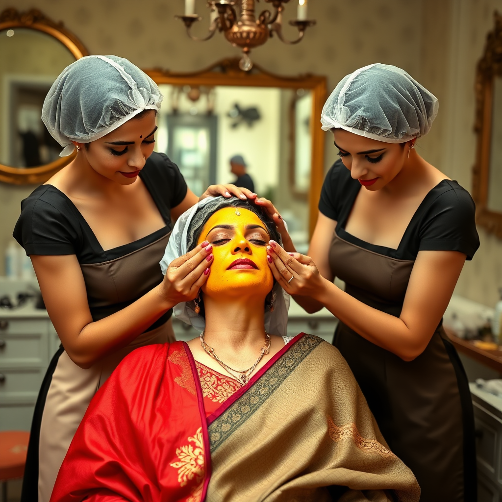 2 slim French maids, wearing hair nets, working in a beauty parlour, giving a turmeric facial to a rich, traditional Indian wife.