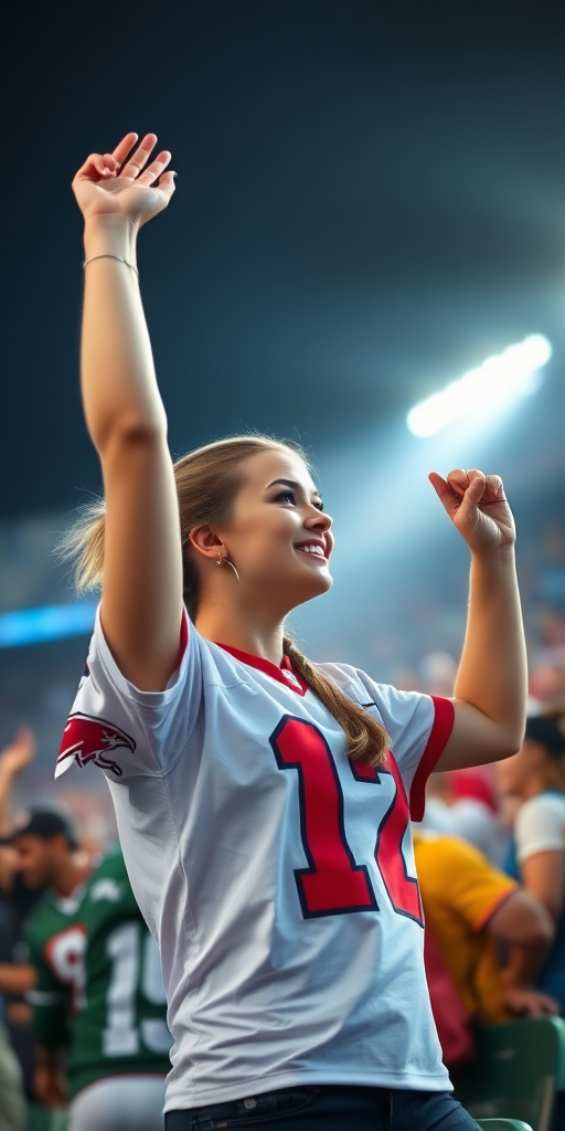 Attractive female NFL fangirl, pigtail hair, jersey, wildly cheering, in the bleacher crowd