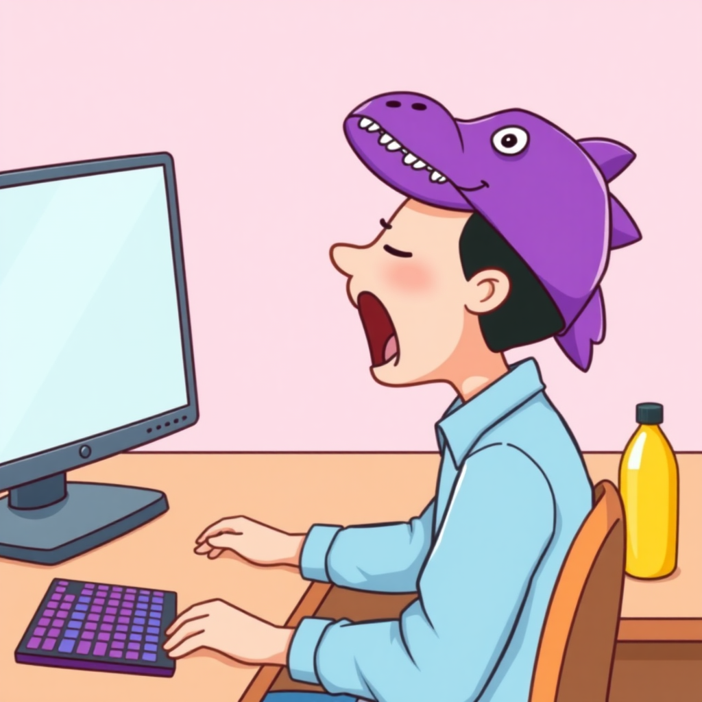 A high-quality illustration of a person sitting at a desk in front of a computer, yawning, with a purple dinosaur-themed cap and light blue shirt. The desk has a computer screen, a keyboard with purple keys, and a yellow bottle beside it. The view is the same as the original image with a light pink background and similar details, but the person now has a dinosaur cap instead of the original one.