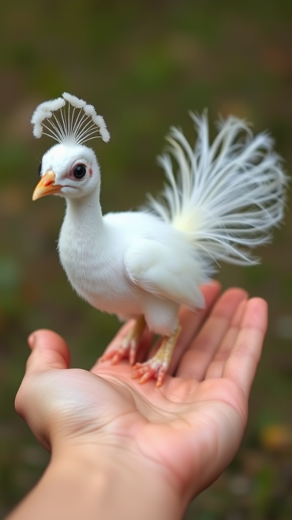 A small tiny cute chubby big eyes big perfect tail real white dancing peacock with tail on hand.