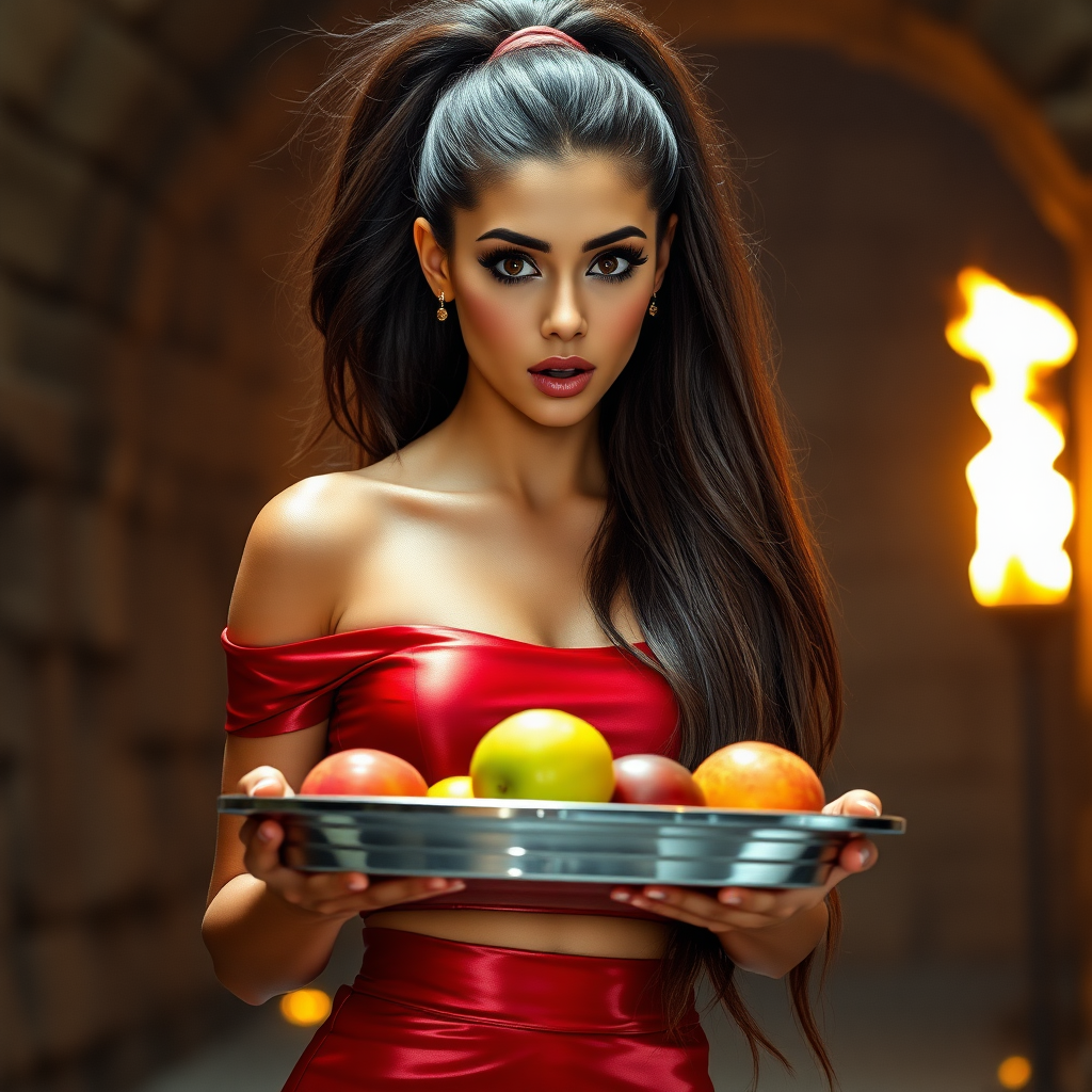 realistic photo of a surprised Arabian model with mouth open looking at the camera. She has very large eyes, black eyeshadow, black eyeliner, fake eyelashes, very tanned skin, very long hair. very high ponytail, she look likes princess jasmine, shinny red off shoulder crop top. photo realistic. She holds a metal tray with fruits just above her waist. crop top, shinny red skirt. full body view. shinny red pencil skirt. dungeon with fire torches in the background.