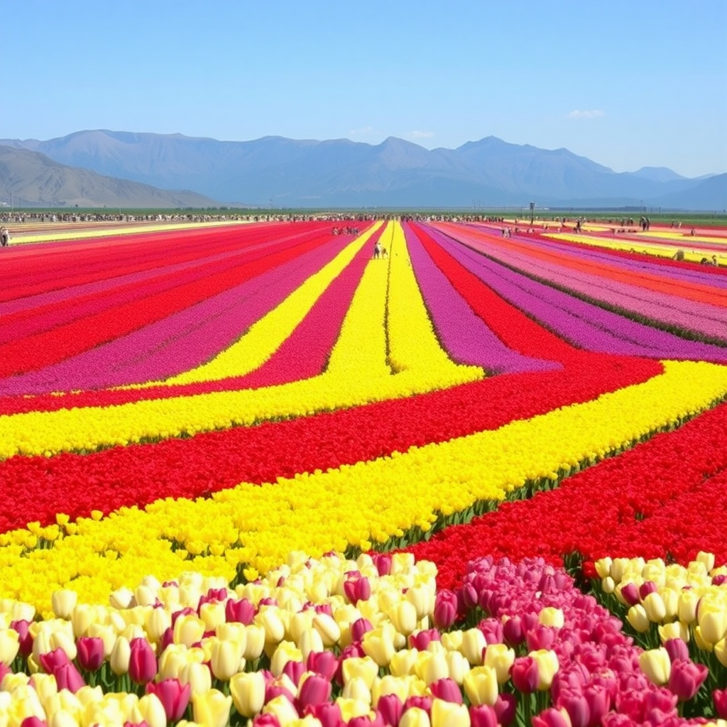 large and very long stretches of colored tulips in solid purple, yellow, red, and white, with mountains in the background and many people present.