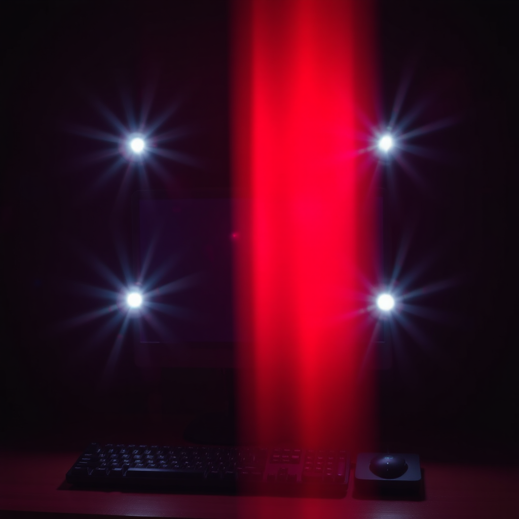 Blinking lights, computer with dark lighting and a red light cast over the scene.