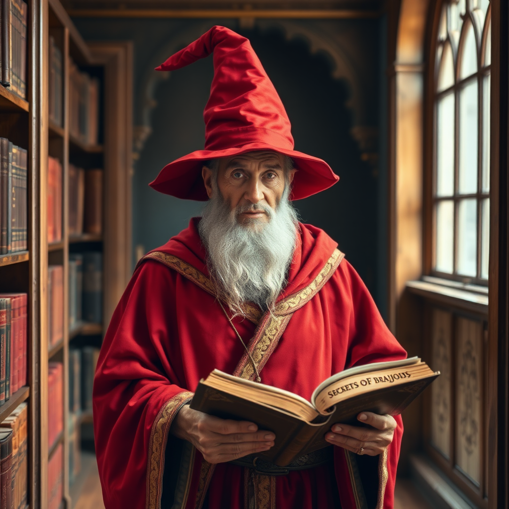 An old male wizard looking at camera in a red pointed hat and red robes with gold trim walking through a library while reading from an old book titled "Secrets of Brajkaisop"