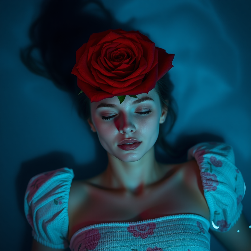 A red rose bouquet head, front view, wearing a white textured dress with pastel minimal floral print design, closeup shot, hyperrealistic, lying inside water with blue and pink effect, nighttime, dark