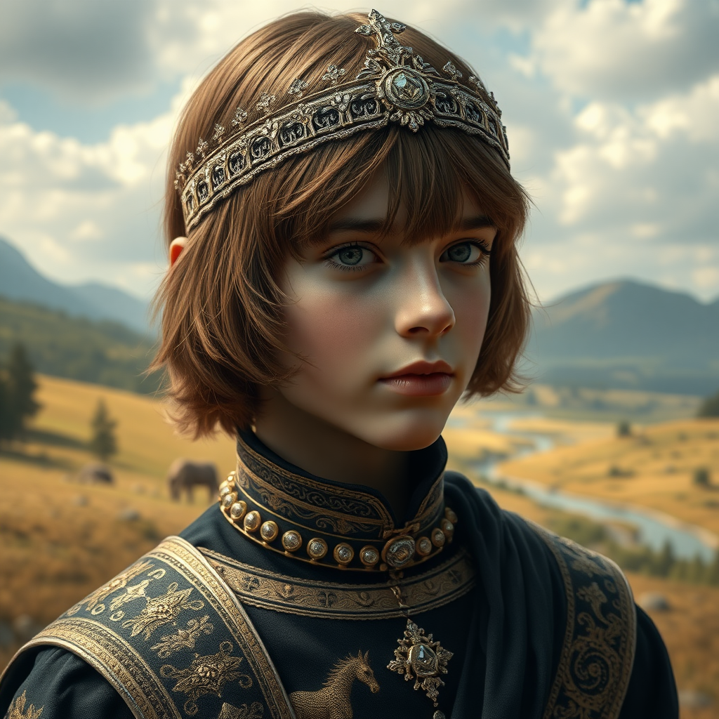 16yo teen boy prince, long bob cut, embroidered with gold and diamonds medieval cloths, diamond diadem, and Beautiful War. Free style by FLUX photorealistic. The background is in the style of landscape style by Antonio del Polaiolo, ultra high resolution, 16K,