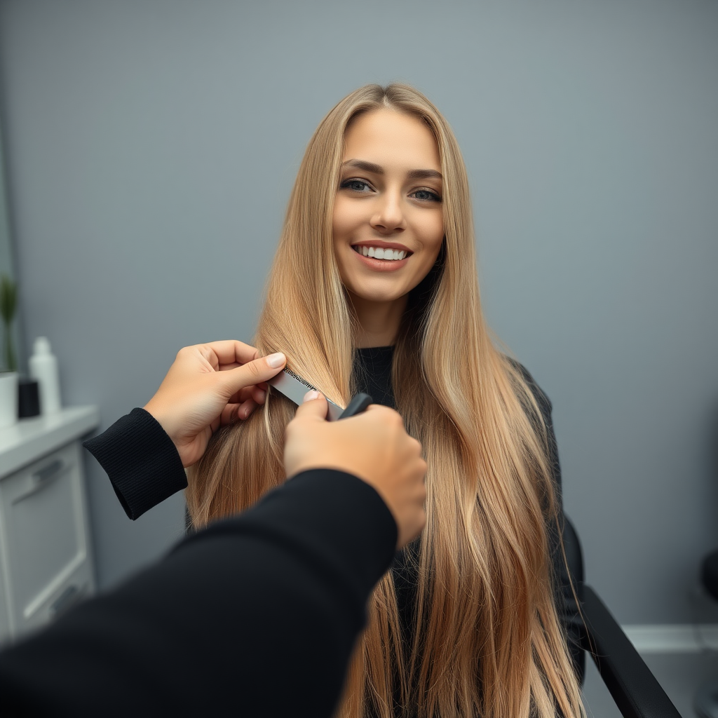 POV, beautiful very long haired blonde woman sitting in a hair salon smiling at the camera while I reach out from behind the camera to trim her very long hair. Plain gray background.