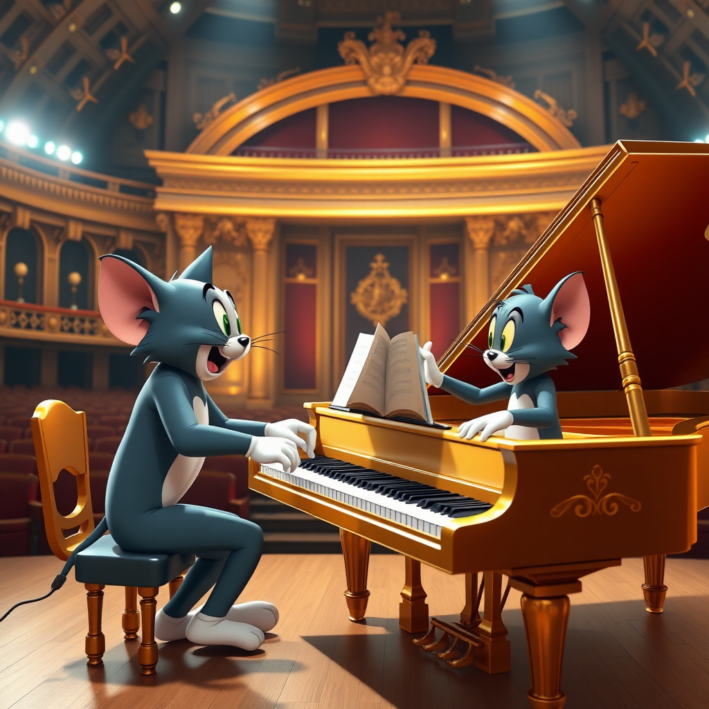 Tom and Jerry are playing a 4 handed music piece on a golden grand piano in a giant concert hall in real 3d.