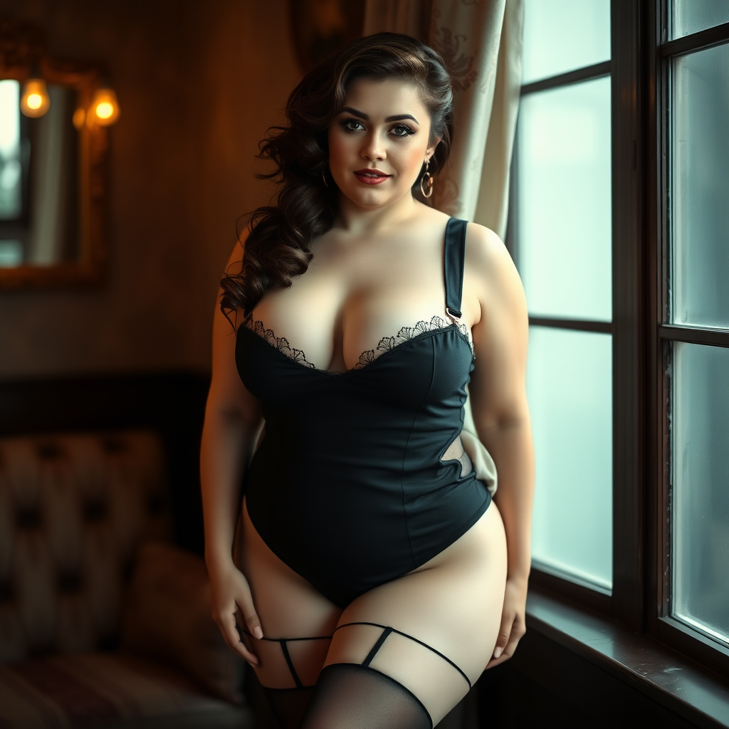 chubby girl in black stockings and suspenders in a boudoir pin up pose