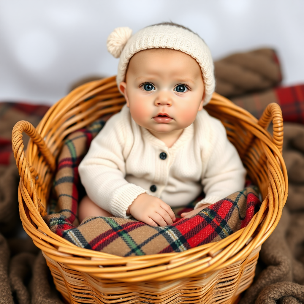 A cute Caucasian baby in a wicker basket with a tartan cloth