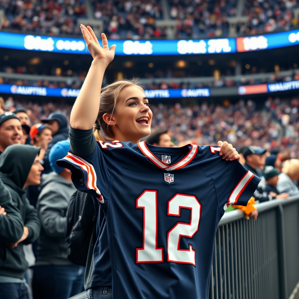 Attractive female NFL fan, pigtail hair, chanting, at crowded front row stadium barriers, holding up a spare jersey, in NFL stadium