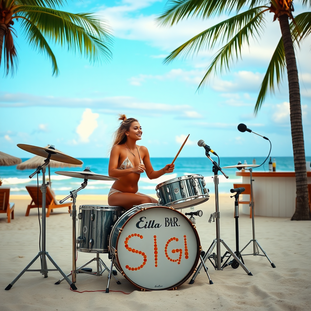 Lady sitting on Drumset on beach with Palms and bar, bassdrum spelling the words "Happy Birthday Sigi"