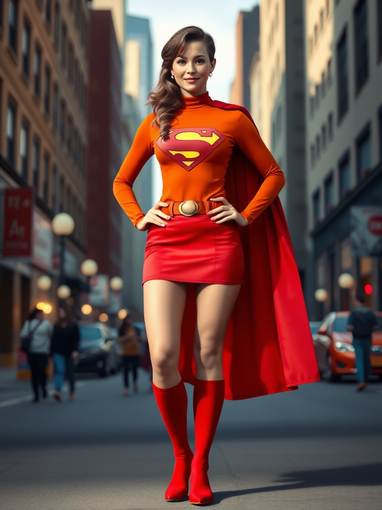 Generate a full-length image of a character who looks like Superman, but has Velma Dinkley's body type and her signature orange turtleneck, red miniskirt, and knee-high socks. Include the iconic Superman belt and the red cape. Set the background as the streets of Metropolis.