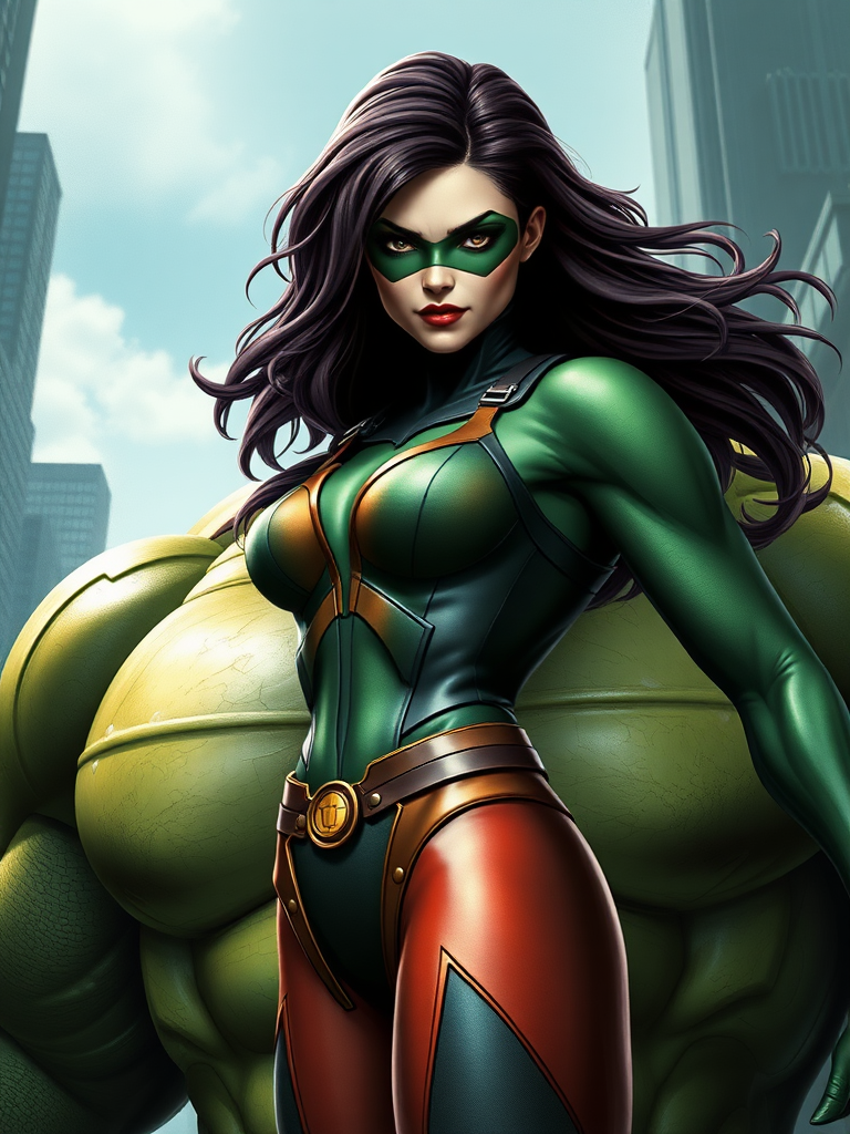 Create a hyper-realistic rendering of Marvel Comics character Rogue with the body type of The Hulk. Maintain Rogue's head as it is but modify her body to reflect The Hulk's silhouette, ensuring a seamless integration. The background should be an environment that authentically fits both Rogue's and The Hulk's settings, blending elements that complement their unique attributes and histories. Focus on capturing the distinctive features, such as Rogue’s iconic costume and The Hulk’s muscular build, to enhance realism and personality.