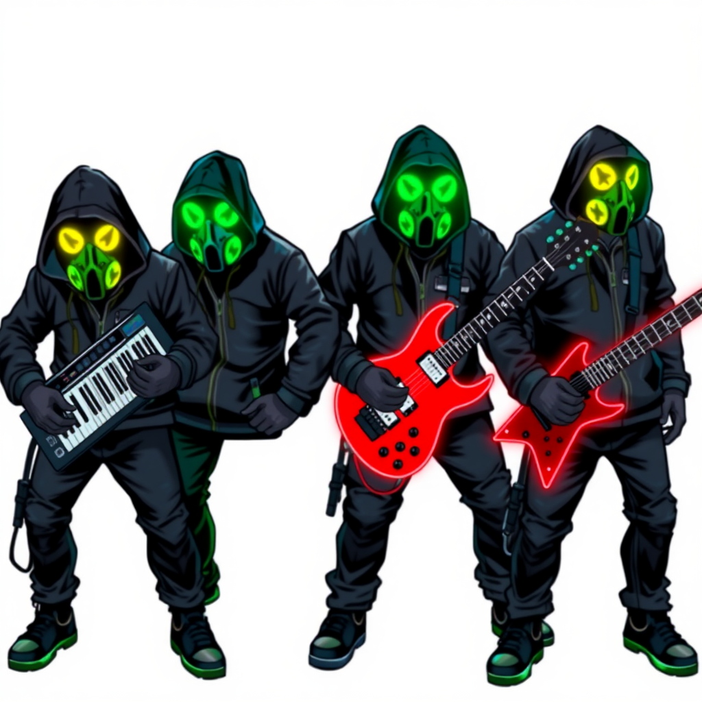 a rock band-themed group of anarchist vigilantes. They wear black tactical hoodies and color-coded gas masks that glow neon in their respective Munsell colors. Each member’s gas mask matches their designated Munsell color. There are only four members:

Maximum Yellow: Hypnotic Keyboardist with a neon yellow glowing gas mask (Munsell Yellow)  
Maximum Green: Seismic Drummist with a neon green glowing gas mask (Munsell Green)  
Maximum Blue: Electrokinetic Guitarist with a neon blue glowing gas mask (Munsell Blue)  
Maximum Red: Sonic Lead Vocalist with a neon red glowing gas mask (Munsell Red)  
The scene should capture their rebellious and intense energy, with each member in a dynamic pose, ready to unleash their musical and anarchistic powers. They are on a solid white background. They are drawn as if they are in a retro 2D cyberpunk fighting game.