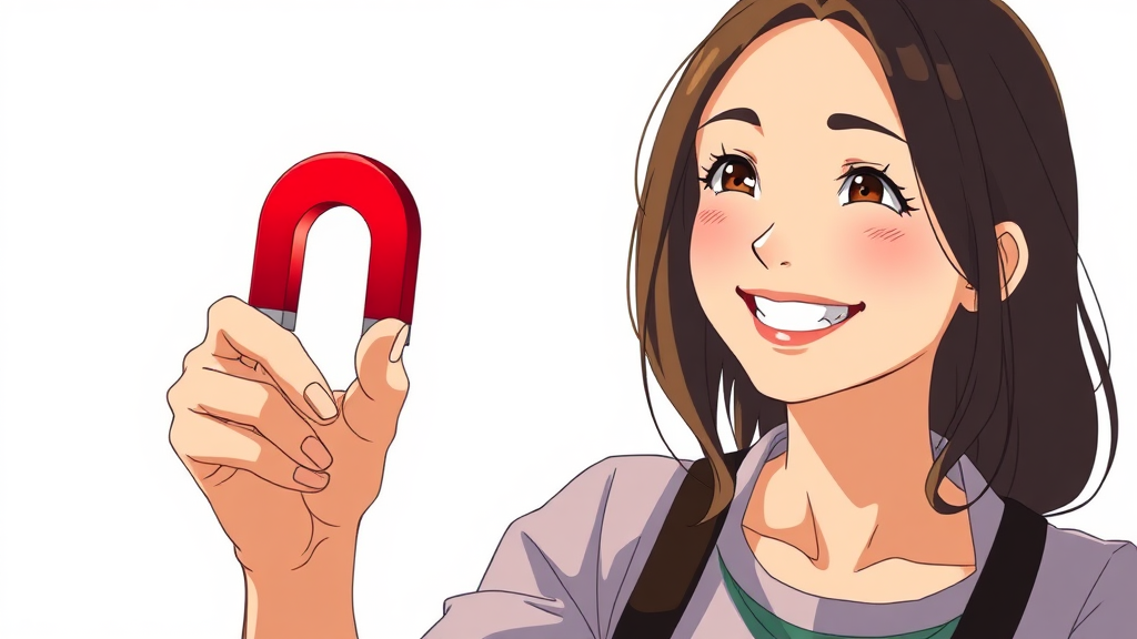 a woman, smiling, holding a magnet, and trying to attract something with it, full-shot, perspective view, anime wallpaper, breathtaking realistic, inspired by John Henry Kingsley, miyazaki's animated film, john stephens, centered, white background.