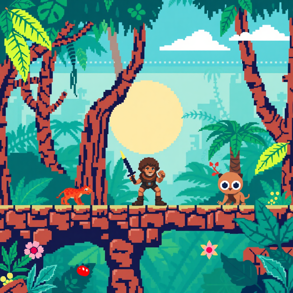 make an 8 bit character for a commodore 64 platform game with a jungle type background and enemies to avoid