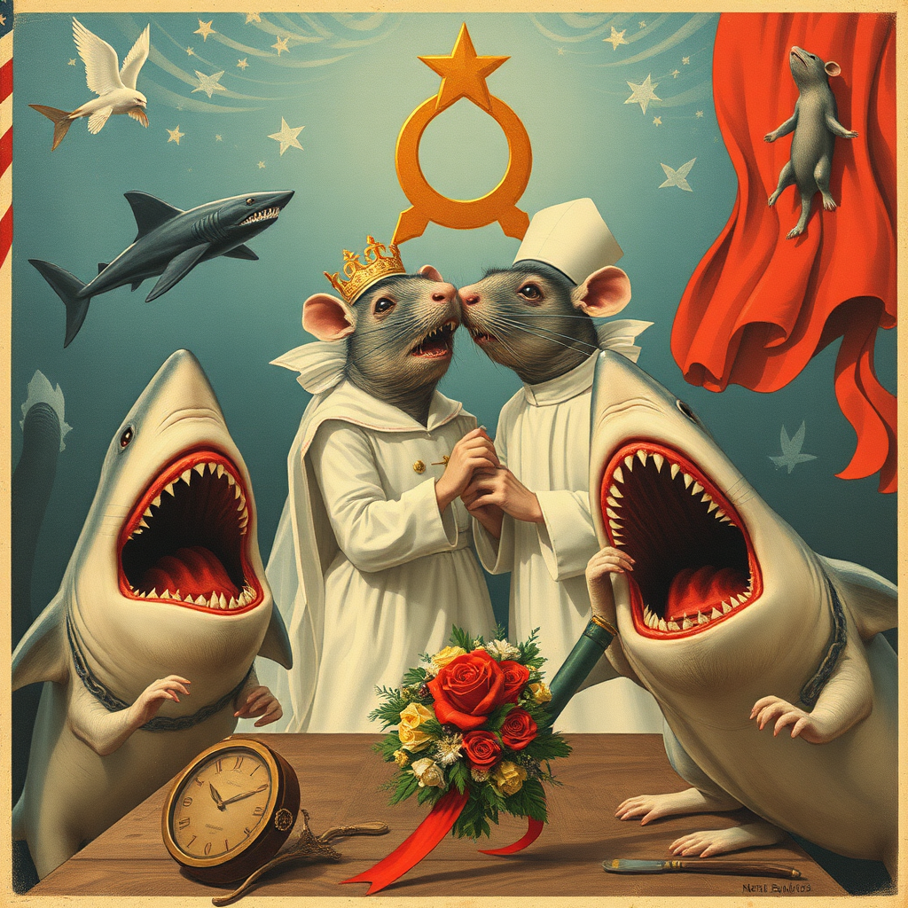 A rat wedding being attacked by sharks, Catholic, Soviet propaganda poster, steam punk, no text