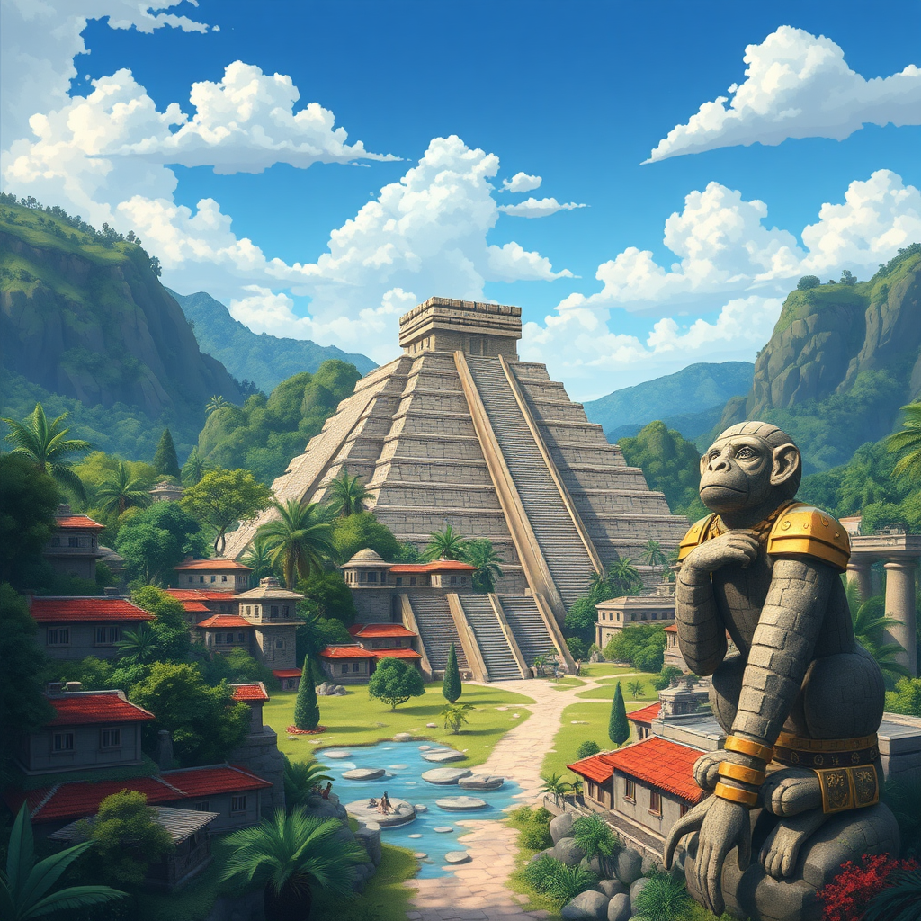 An aesthetically captivating representation of an anime-inspired landscape showcases a vibrant jungle environment, highlighted by a city influenced by ancient Mayan architecture, comprising residences constructed from stone bricks and various stone edifices. Central to the composition is a grand massive pyramid temple, accompanied by two remarkable stone monkey statues that enhance the visual impact.