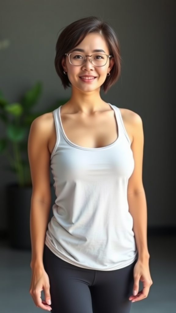 A beautiful Chinese woman, 30 years old, with short hair, wearing glasses, a full figure, small breasts, in yoga pants and a tank top.