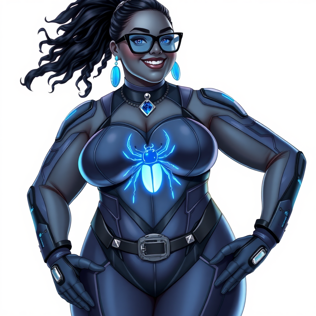 A 28-year-old full-figured computer science major, she is the devoted girlfriend of a vigilante and serves as his dotingly pampered, full-figured, nerdy Middle Gray (N5) metallic skinned digital sidekick. She has become a Computer Program hybrid, with a unique, metallic Middle Gray (N5) skin color that blends with her hair, appearing to merge together as computer data. Her neon blue eyes are mesmerizing. Her full figure, especially her prominent, round midsection, shows just how heavily fed and pampered she is, with sequoia-sized limbs and broad shoulders.

As a loyal and supportive sidekick, she plays a crucial role in their missions, using her digital prowess to assist and protect. She wears a blue sapphire scarab necklace and blue sapphire earrings, which she received as symbols of their love before his 5-year disappearance. Her oversized digital Maximum Blue (RGB 71, 171, 204) bodysuit features a neon blue glowing beetle chest icon. She is equipped with high-tech features, including holographic displays and integrated hacking tools. She has matching high-tech gloves.

Heavily, attentively, and immensely pampered through being well-fed since their reunion, her full figure clearly shows the extent of care she has received. Despite her digital enhancements, she retains her human vulnerabilities, including hunger and sleep, and is not immune to human weaknesses. She has the ability to hack into computers and machines, and her nerdiness is blatantly obvious with her black oversized eyeglasses. Her full figure, especially her midsection, is prominently displayed and heavily emphasized. Her outfit, influenced by DC’s Jennifer Knight Phantom Lady, remains distinct.

Despite her boyfriend’s limited resources, she assists in the war on crime by serving as a minicomputer, traveling in a high-tech wristwatch and supercar’s computer system. Using her hacking abilities, she relays crucial knowledge related to missions. She has a beaming smile on a solid white background. She is drawn as if she was in a retro 2D cyberpunk fighting game.