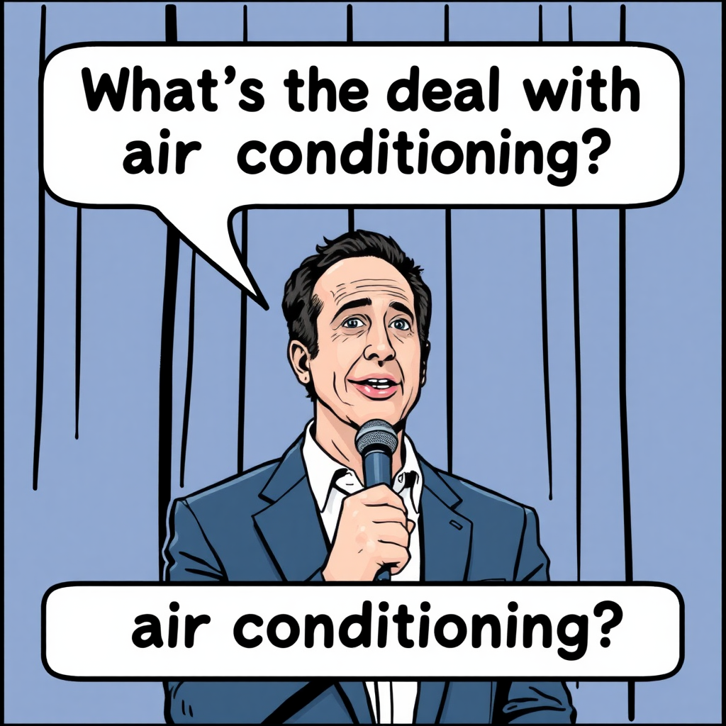 Jerry Seinfeld doing standup. Text bubble that says

“What’s the deal with air conditioning”