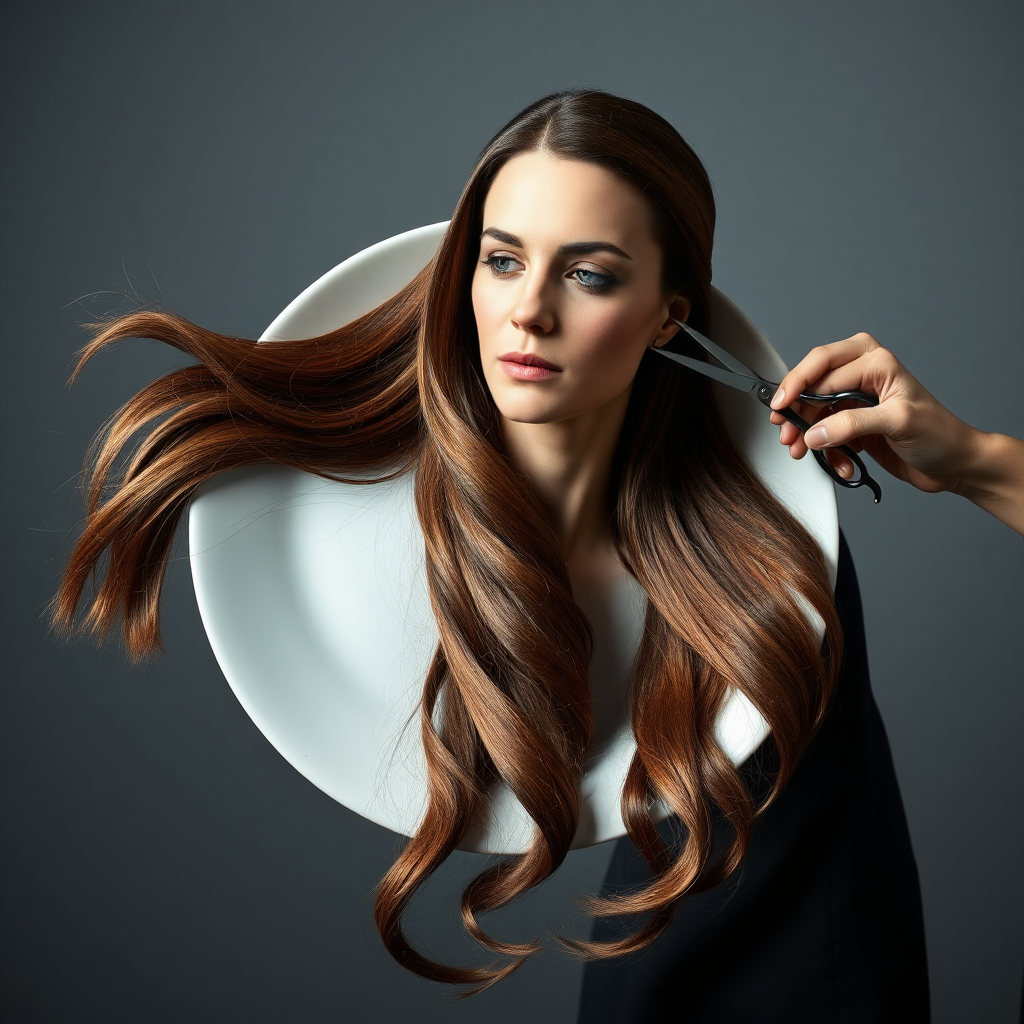 In a strikingly surreal scene, a beautifully crafted porcelain plate holds the disembodied head of a graceful Kate Middleton, her long, flowing hair cascading around like a luxurious waterfall of silky strands, shimmering in various shades of deep chestnut. Each hair seems to catch the light, creating an almost ethereal glow. Nearby, a meticulous hairdresser, dressed in a sleek black apron, carefully snips away at Kate's locks with precision scissors, their actions fluid and deliberate, emphasizing the delicate artistry of the moment.

The setting boasts minimalist decor, with a plain gray background that heightens the focus on this bizarre tableau. Soft shadows play across the smooth surface of the plate, enhancing the haunting beauty of Kate's serene expression, which conveys both elegance and an uncanny sense of stillness. The atmosphere is a blend of surreal calm and unsettling intrigue, pulling the viewer into a dreamlike space where reality and imagination intertwine. Gentle noises of scissors softly clipping away hair are the only sounds in this peculiar yet captivating scenario, heightening the tension and drawing viewers into this striking juxtaposition of beauty and the bizarre.